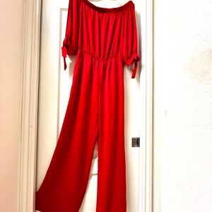 Elegant Red Off-Shoulder Wide Leg Jumpsuit